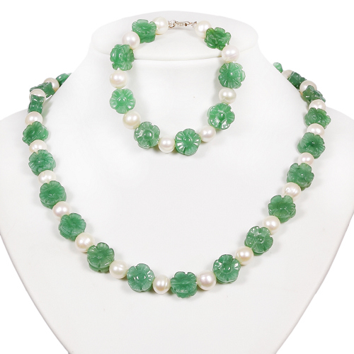 Armkette + Halskette 7049 - Süßwasserperlen & Jade - zum Schließen ins Bild klicken